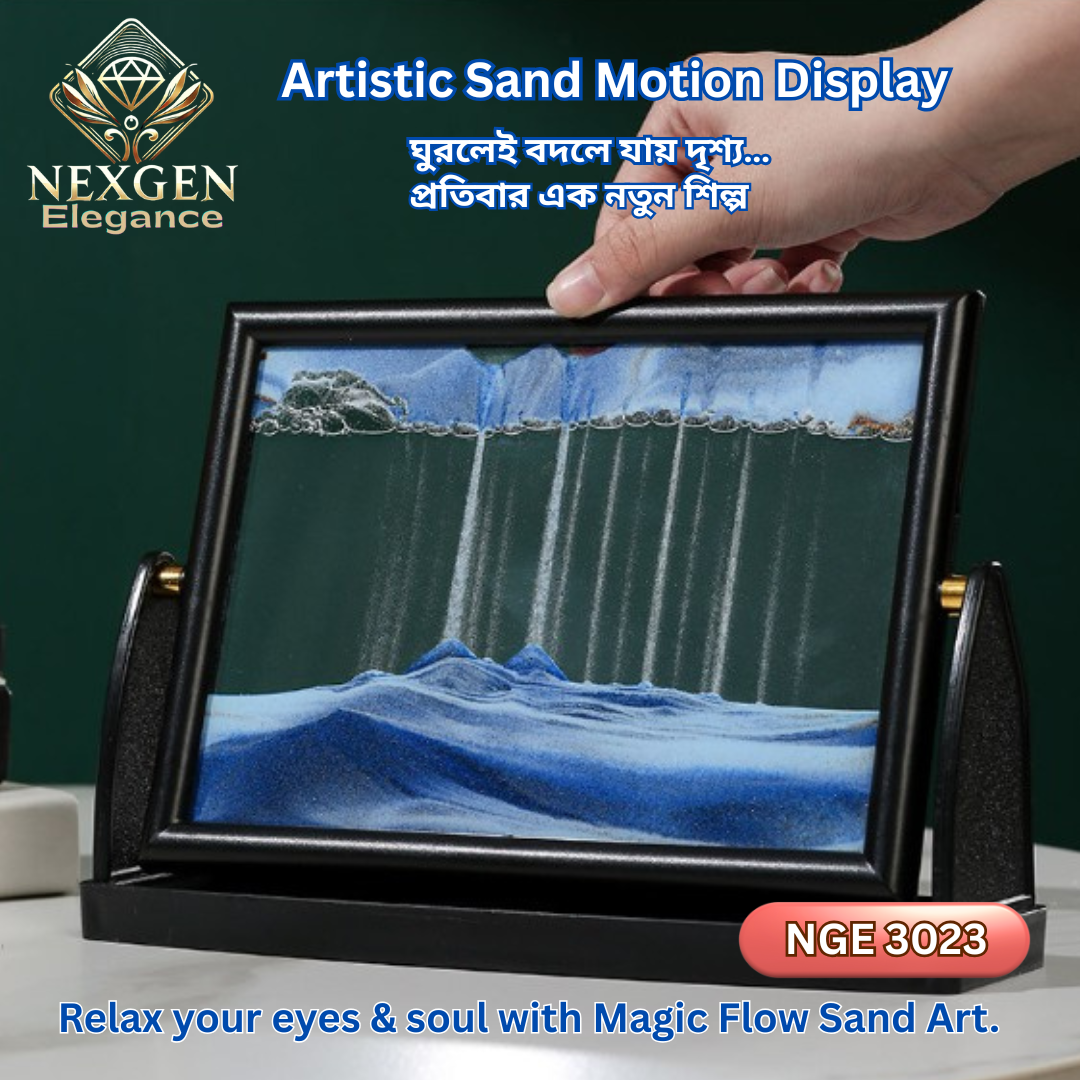 Artistic Sand Motion Display with blue and white flowing sand patterns in a black frame, ideal for desk decoration and relaxation.