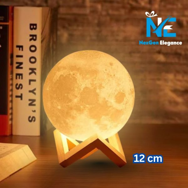 12 cm glowing moon lamp on wooden stand with book backdrop and NexGen Elegance branding