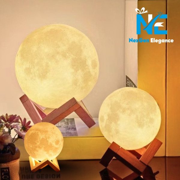 Three glowing moon lamps of varying sizes on wooden stands, warm lunar glow with NexGen Elegance branding