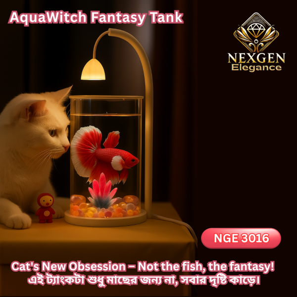 A white cat curiously gazes at a vibrant red and white Betta fish inside the AquaWitch Fantasy Tank (NGE 3016). The tank is decorated with colorful pebbles and an artificial plant, illuminated by the built-in LED lamp. A small red figurine is also visible beside the tank. The text "AquaWitch Fantasy Tank," "NEXGEN Elegance" logo, and "NGE 3016" are displayed, along with the phrase "Cat's New Obsession - Not the fish, the fantasy!"