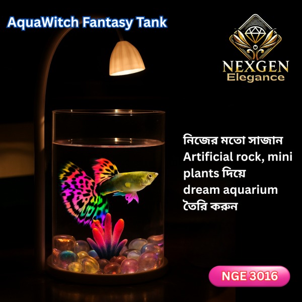 A darkly lit image of the AquaWitch Fantasy Tank (NGE 3016) featuring a brightly colored Guppy fish. The tank is decorated with multi-colored glass pebbles and a pink and blue artificial plant, illuminated by the tank's integrated LED lamp. The text "AquaWitch Fantasy Tank," "NEXGEN Elegance" logo, and "NGE 3016" are visible. Bengali text on the right side encourages users to create their dream aquarium with artificial rocks and mini plants.