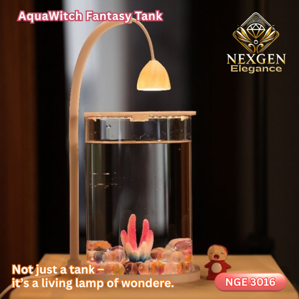 The AquaWitch Fantasy Tank (NGE 3016) is shown illuminated by its LED lamp, creating a soft glow. The clear cylindrical tank contains water, colorful decorative pebbles, and a pink and blue artificial plant. A small red figurine sits next to the tank. The text "AquaWitch Fantasy Tank" and "NEXGEN Elegance" logo are visible. The tagline "Not just a tank - it's a living lamp of wonder." is displayed at the bottom.