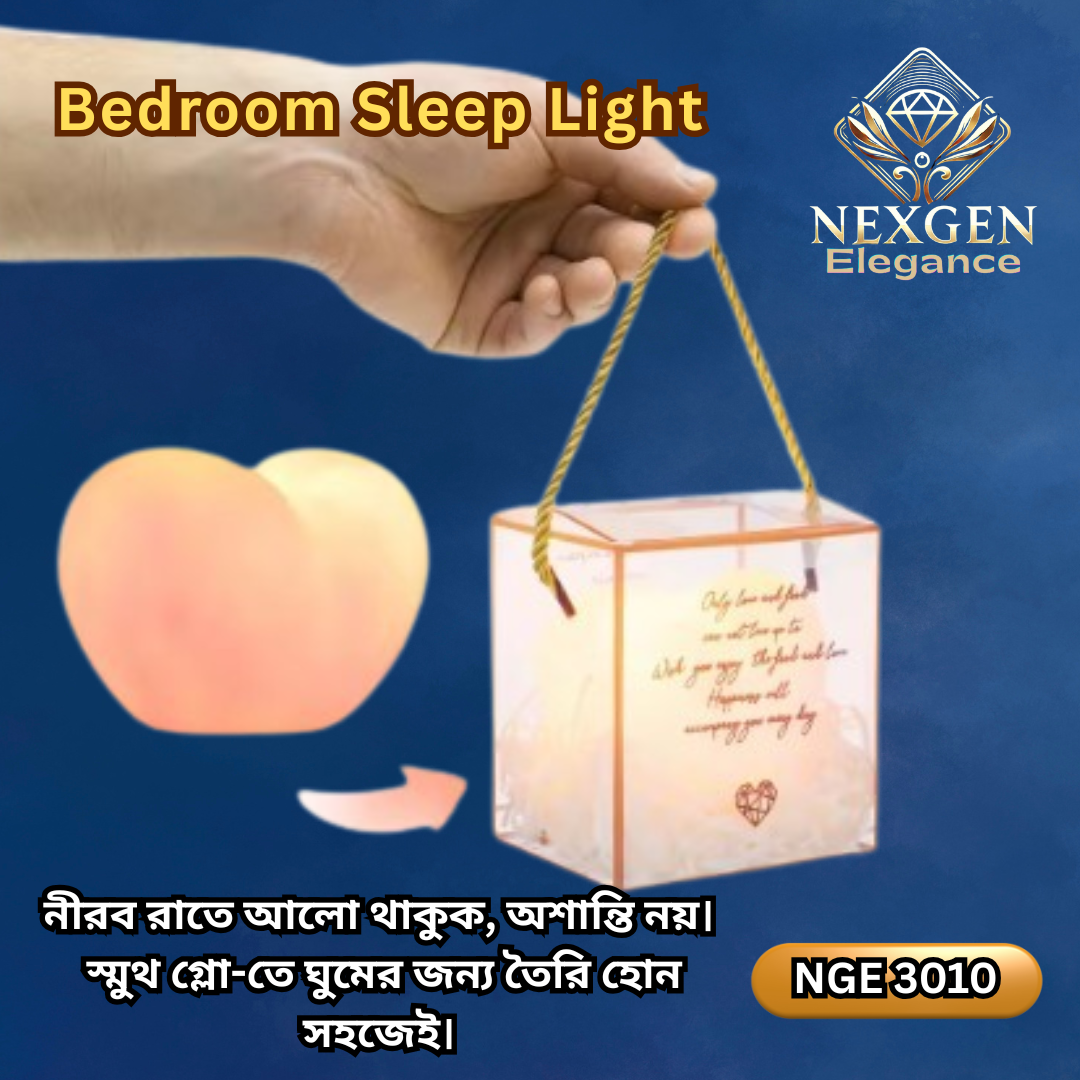 A hand holding a glowing, transparent cube-shaped LED sleep light (NGE 3010) with text "Only love and find... Happiness all..." and a heart-shaped lamp (NGE 3021) in the background, promoting peace and easy sleep.