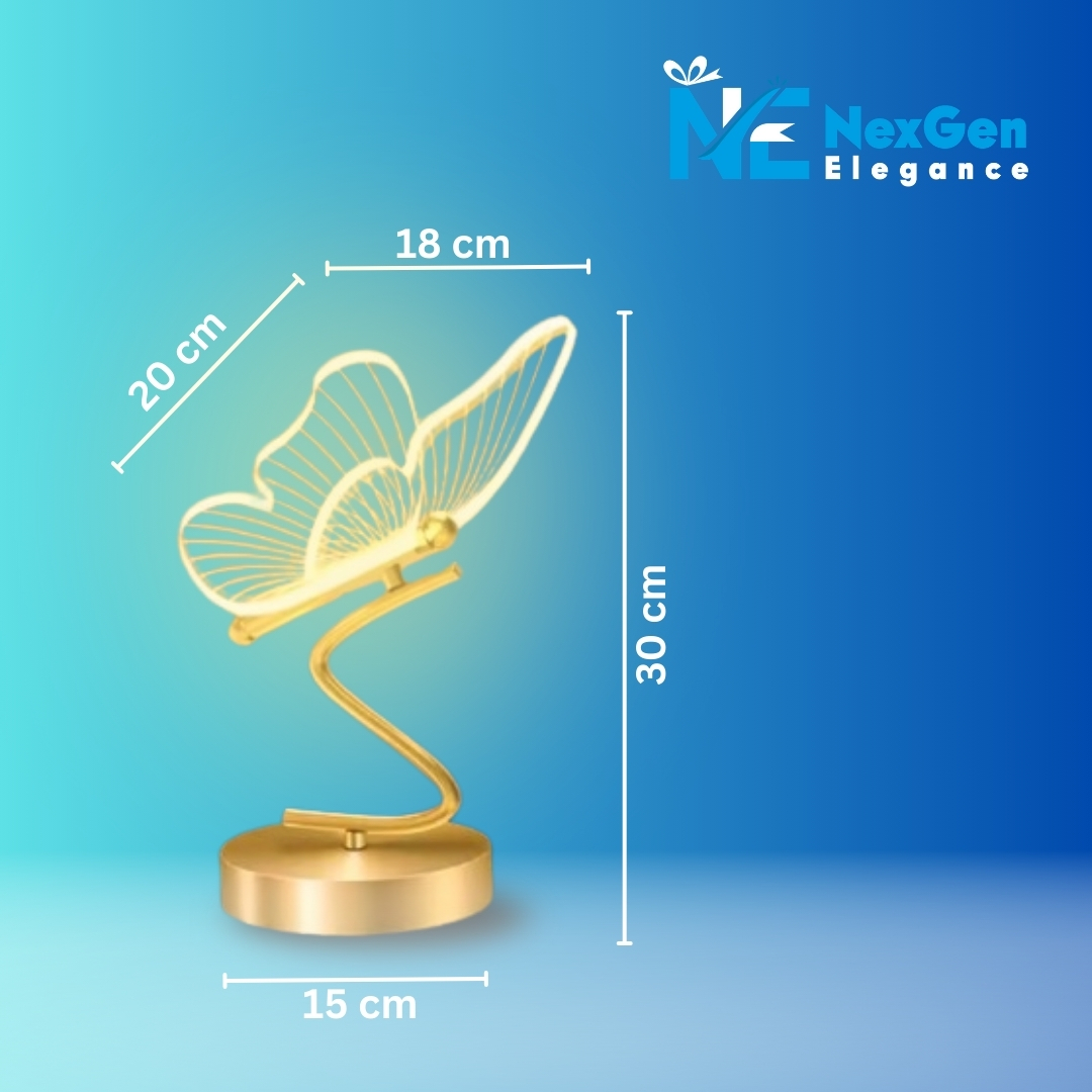 Nordic Elegant Butterfly Lamp dimensions diagram with height 30 cm, wing width 18 cm, wing length 20 cm, base 15 cm, NexGen Elegance logo top right