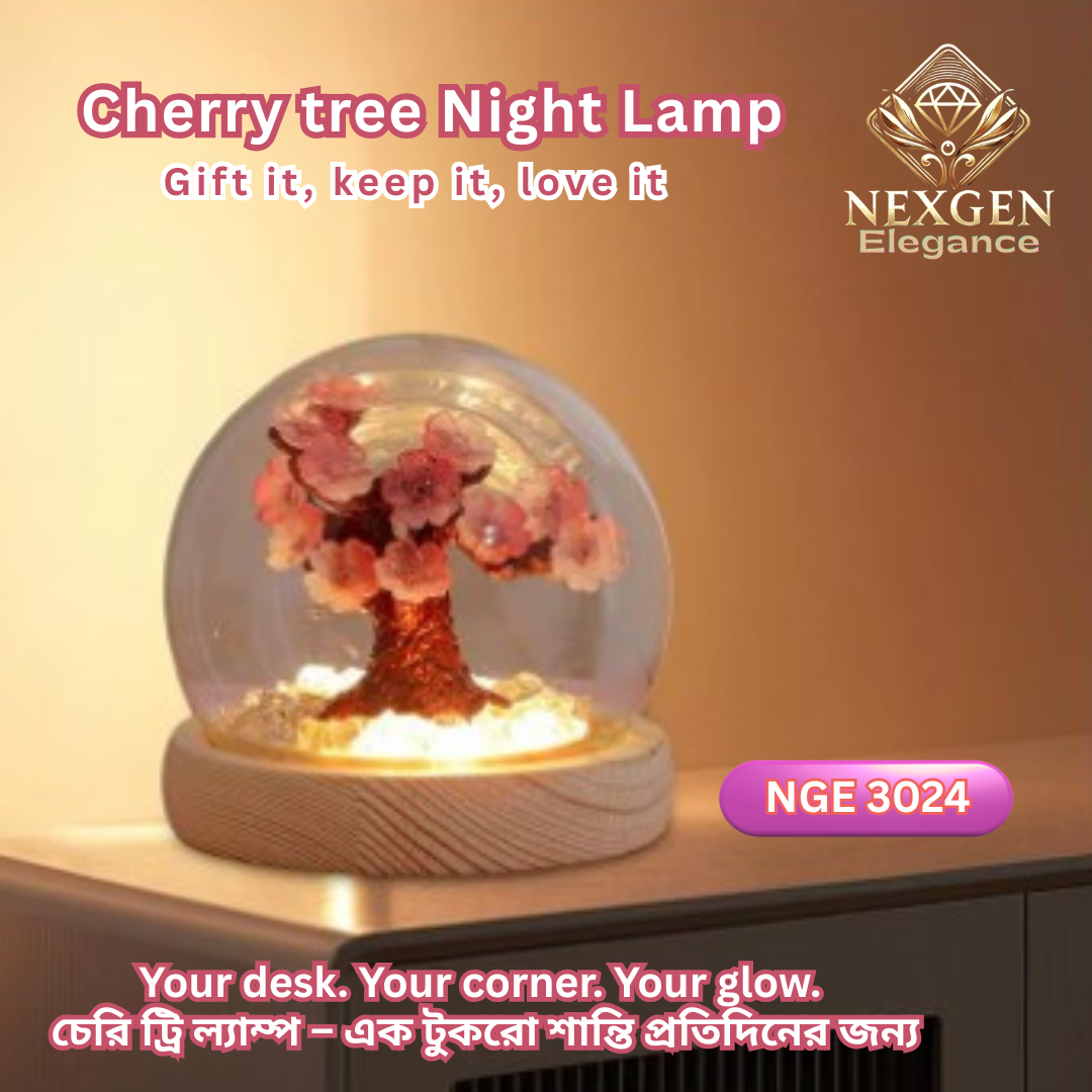 Cherry Tree Night Lamp with illuminated cherry blossoms in a glass dome on a wooden base, placed on a light-colored surface, creating a peaceful and warm ambiance.