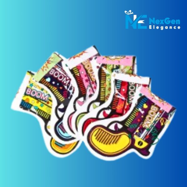 Set of five colorful Party Popper Air Blasters fanned out against a blue background, each with BOOM text and unique patterns, NexGen Elegance logo top right.