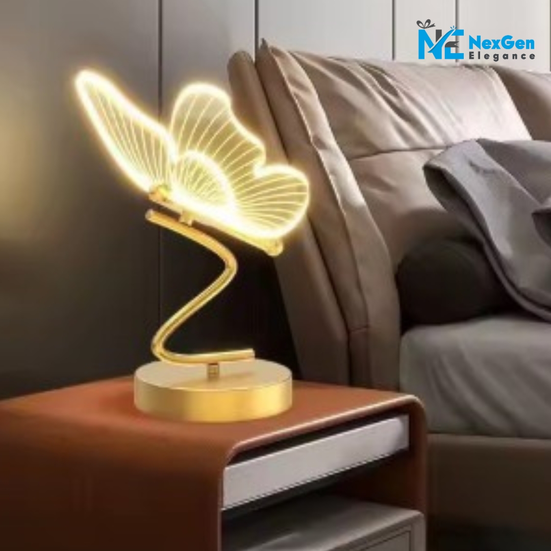 Glowing Nordic Elegant Butterfly Lamp on nightstand beside bed, warm golden light highlighting butterfly wings, NexGen Elegance logo top right