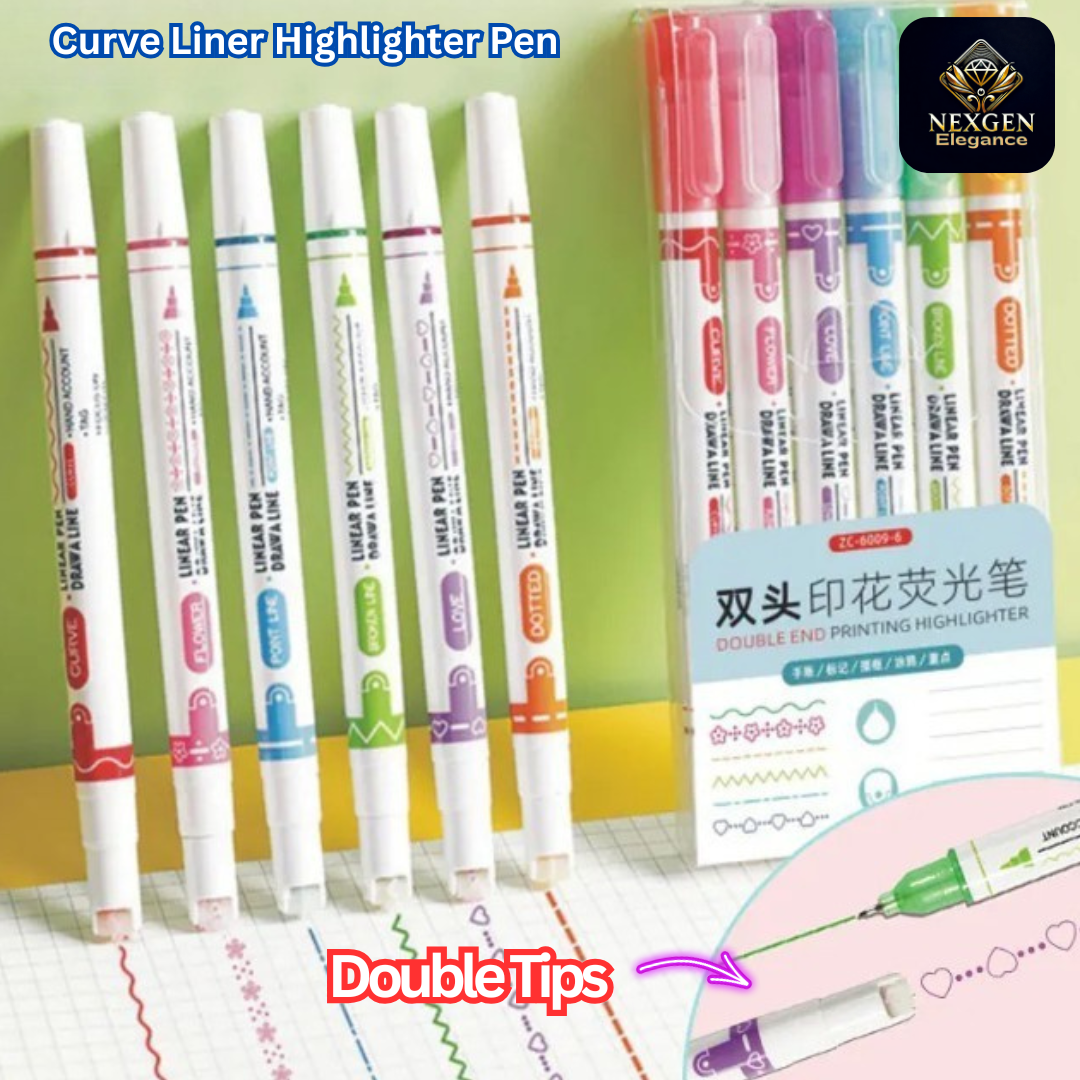 A set of six colorful NexGen Elegance Curve Liner Highlighter Pens displayed both individually uncapped, showing their unique curve tips, and in their product packaging. The pens are shown drawing various decorative lines like waves, stars, and dots on a white surface, highlighting their "Double Tips" feature.