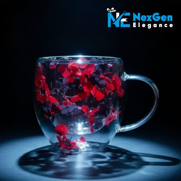 Double-walled glass mug with dried black and red flowers, empty on black background