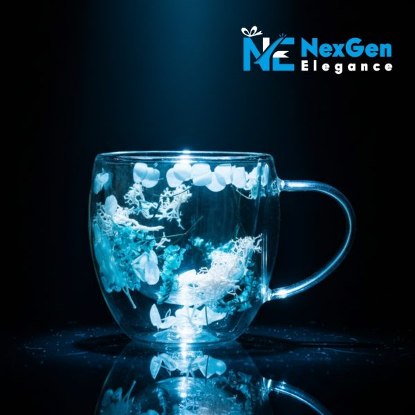 Double-walled glass mug with dried white flowers and light blue moss, empty on black background