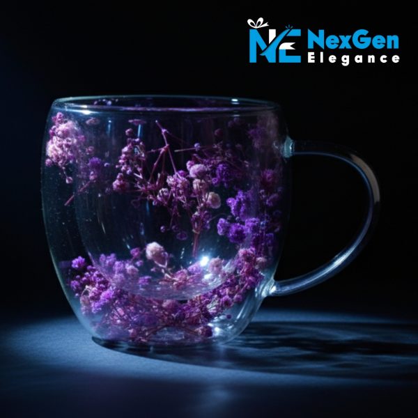 Empty double-walled glass mug with dried purple flowers, on black background