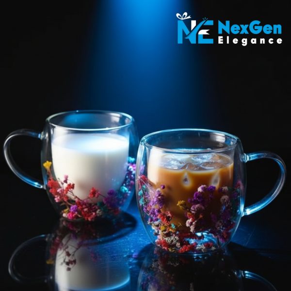 Two double-walled glass mugs, one with milk and one with iced coffee, decorated with dried flowers inside