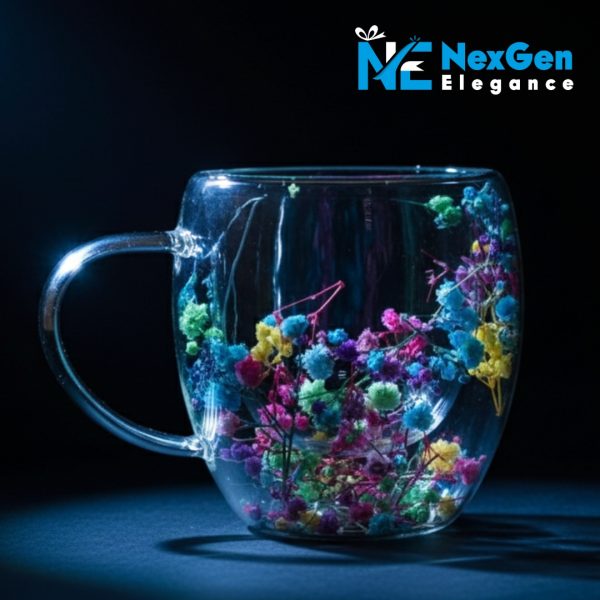 Empty double-walled glass mug with colorful flowers including blue, pink, and yellow inside