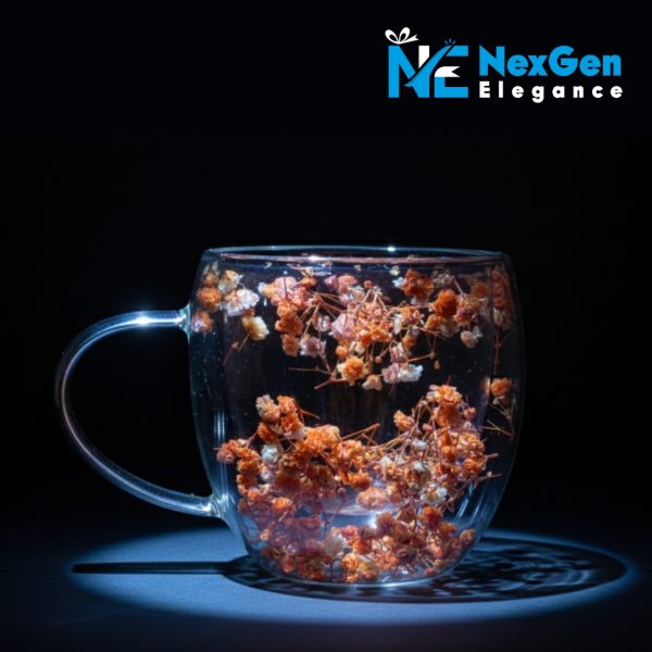 Double-walled glass mug with dried orange and white flowers, empty on black background