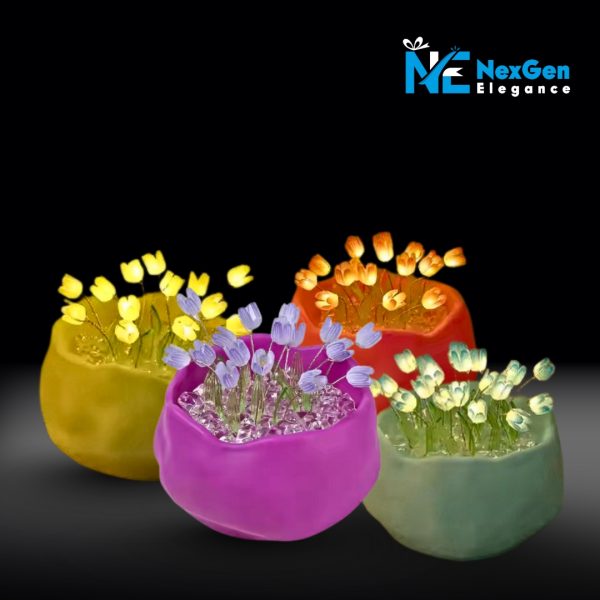 Studio shot of four glowing tulip miniature pots in yellow, purple, orange, and green, solid black background, NexGen Elegance logo