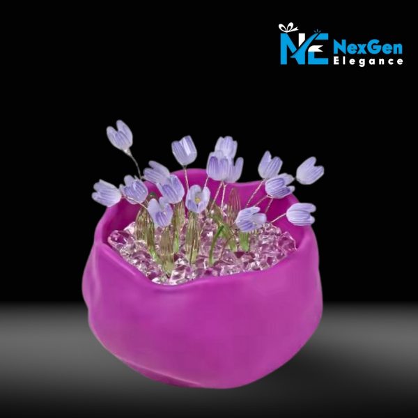 Close-up of a single miniature purple pot with glowing light-purple tulip flowers on reflective black surface, NexGen Elegance logo