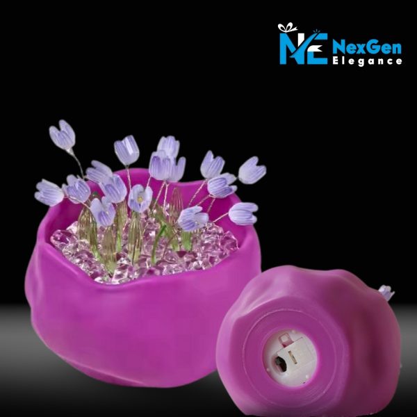 Purple miniature tulip pot with glowing light-purple flowers and open battery base, reflective black surface, NexGen Elegance logo