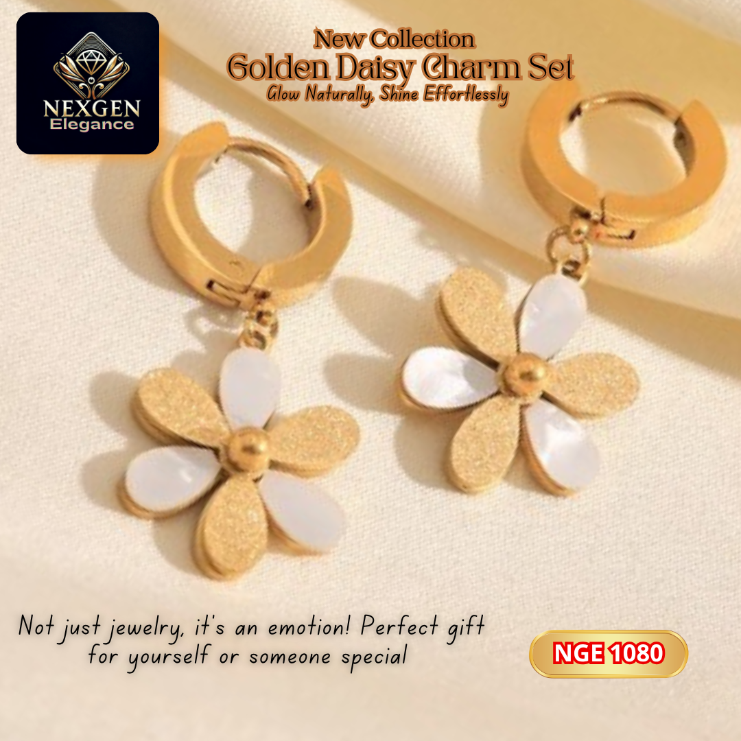 A close-up shot of the 18K gold-plated Golden Daisy Charm Earrings from the set, featuring white daisy petals and golden centers, against a light background.