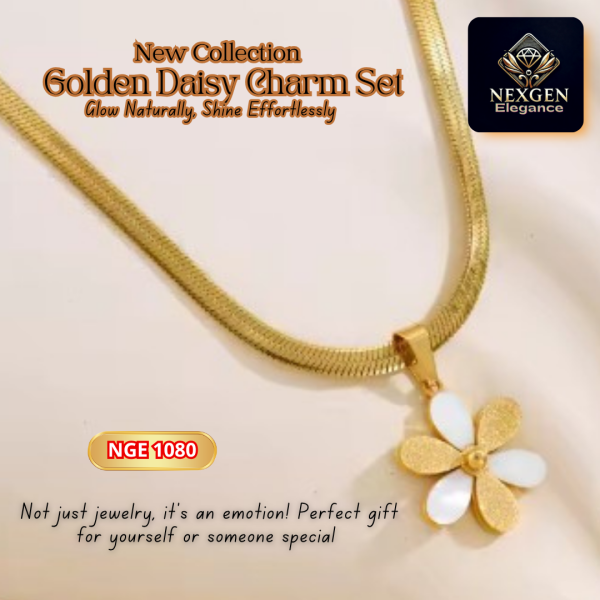 A close-up shot of the 18K gold-plated Golden Daisy Charm Necklace from the set, featuring a flat snake chain and a daisy pendant with white petals and a golden center.