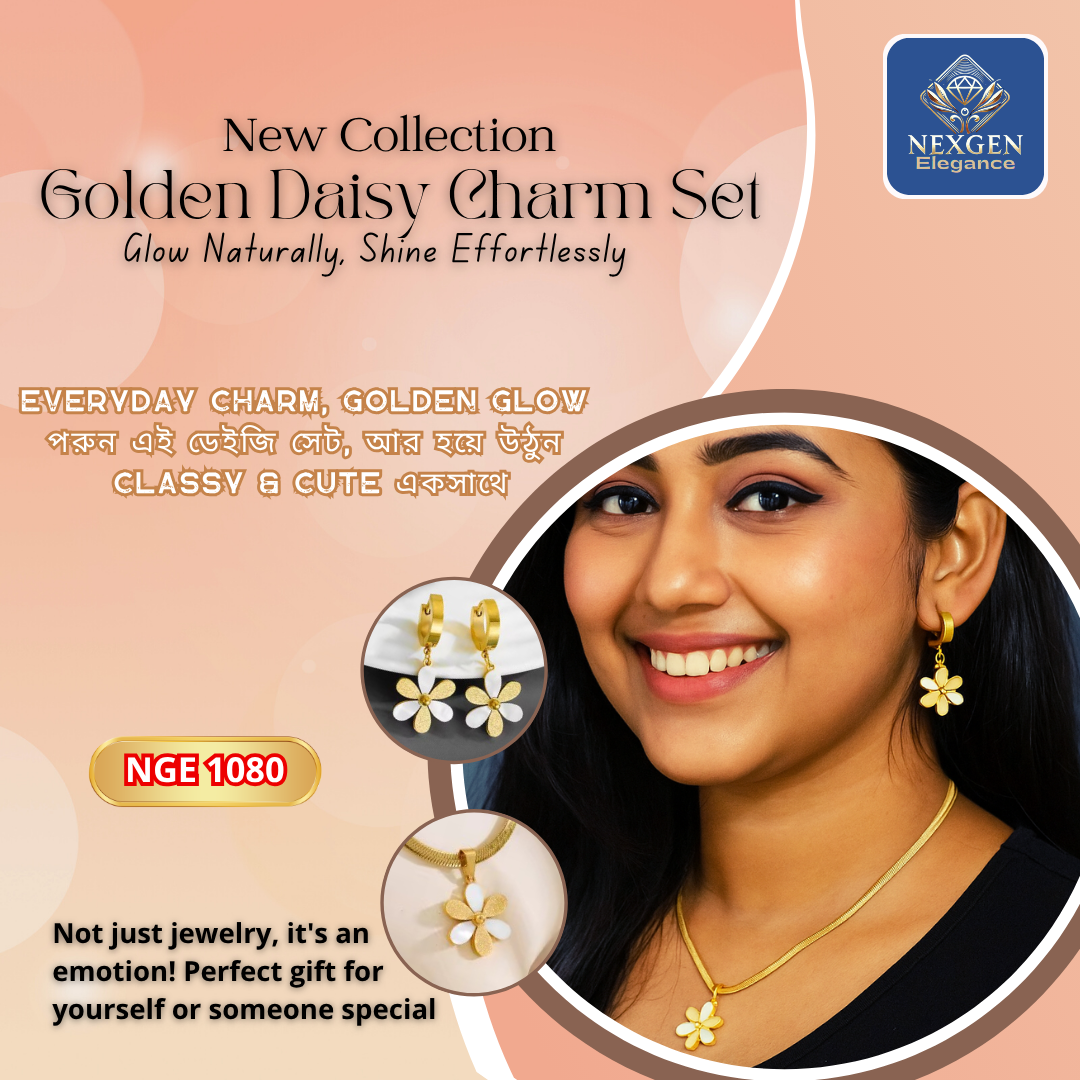 A woman smiling and wearing an 18K gold-plated Golden Daisy Charm Set, including a necklace and matching earrings. The image also shows close-ups of the daisy earrings and necklace pendant.