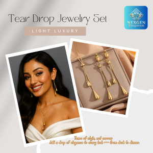 A smiling woman wearing a golden tear drop necklace and matching earrings, alongside a close-up image of the tear drop necklace and earrings on a textured background, showcasing the elegant design of the jewelry set.