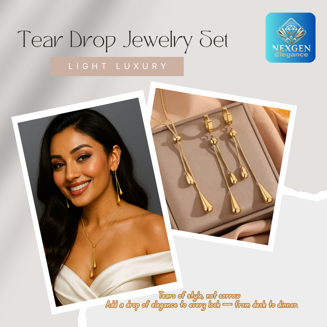 A smiling woman wearing a golden tear drop necklace and matching earrings, alongside a close-up image of the tear drop necklace and earrings on a textured background, showcasing the elegant design of the jewelry set.