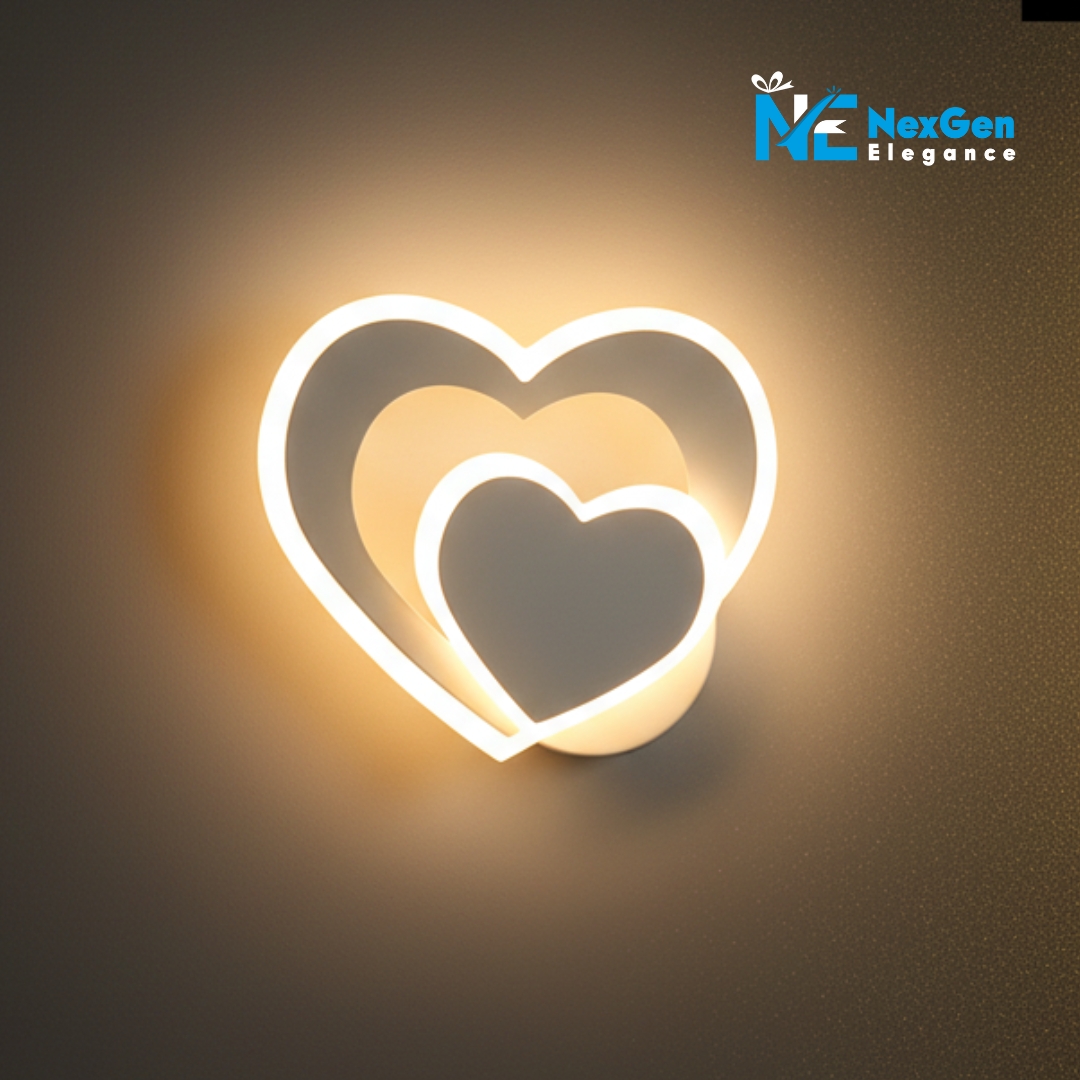 Close-up of a Nordic-style Heart Shape Wall Lamp featuring two overlapping hearts with warm ambient light on a dark wall.