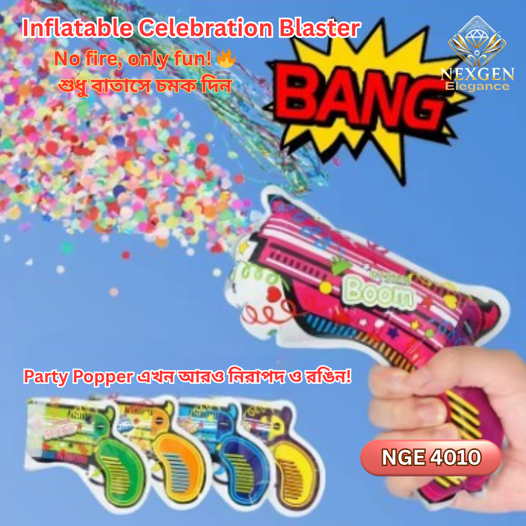 A hand holding an Inflatable Celebration Blaster (NGE 4010) shooting colorful confetti into the air against a blue sky, with other blasters shown at the bottom. The text "No fire, only fun!" and "BANG" are prominently displayed.