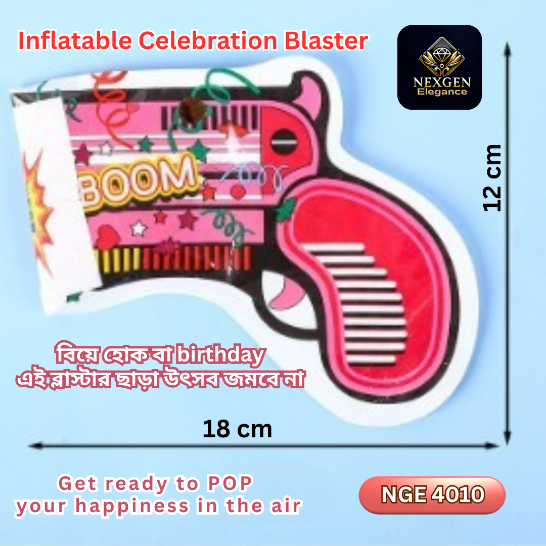 A single Inflatable Celebration Blaster (NGE 4010) in a pink and black design, with dimensions (12 cm x 18 cm) clearly marked. The text emphasizes its use for weddings and birthdays and encourages popping happiness.