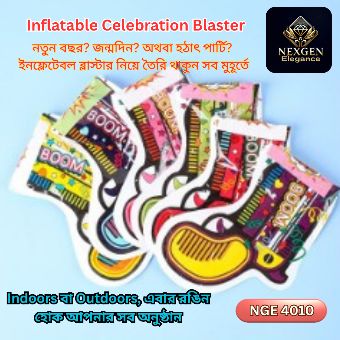 A fan-like arrangement of multiple Inflatable Celebration Blasters (NGE 4010) in various designs, showcasing their compact form factor. The text highlights "New Year? Birthday? Or a sudden party?" and "Indoors or Outdoors" with the product name.