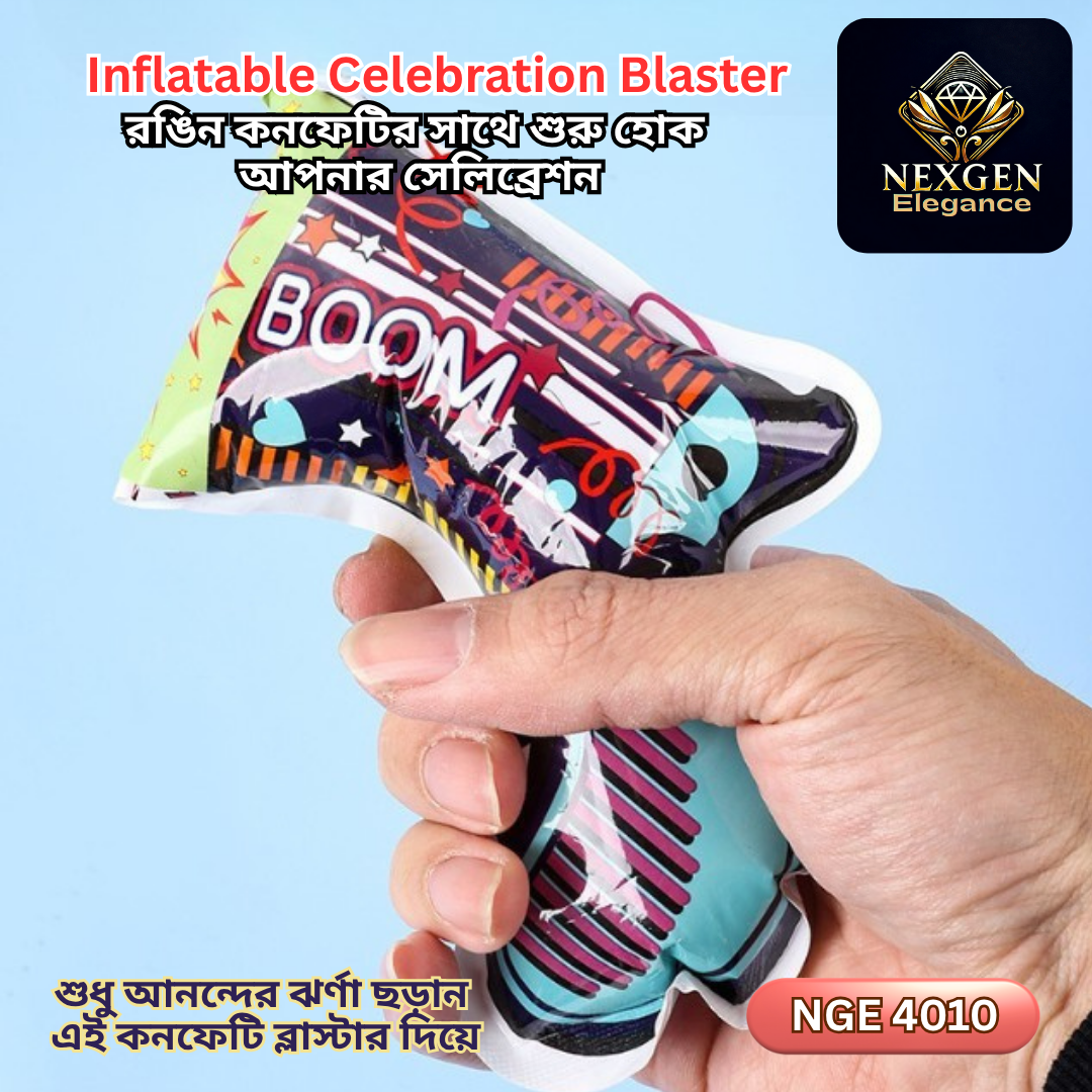 A hand holding a single Inflatable Celebration Blaster (NGE 4010) with "Boom" written on it, ready to unleash colorful confetti. The text on the image emphasizes "Let your celebration begin with colorful confetti."