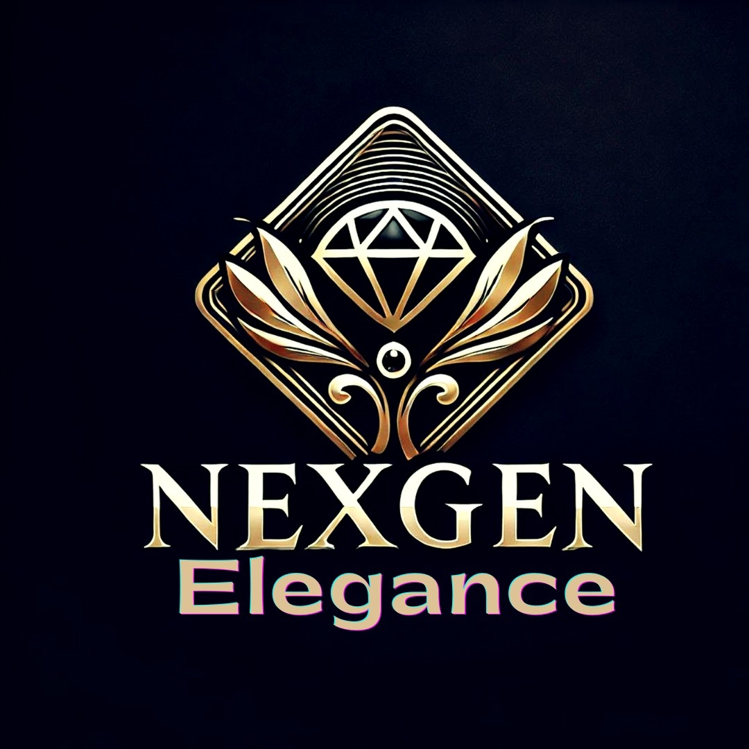 Logo for NexGen Elegance, featuring a stylized gold diamond and elegant floral motifs on a black background, with the company name in gold script.
