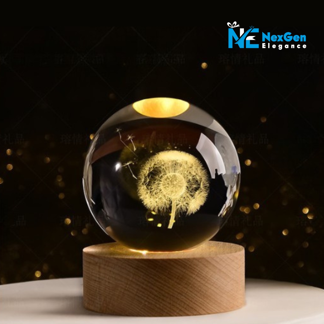 Luminous crystal ball with glowing dandelion design on wooden base, LED mood light.