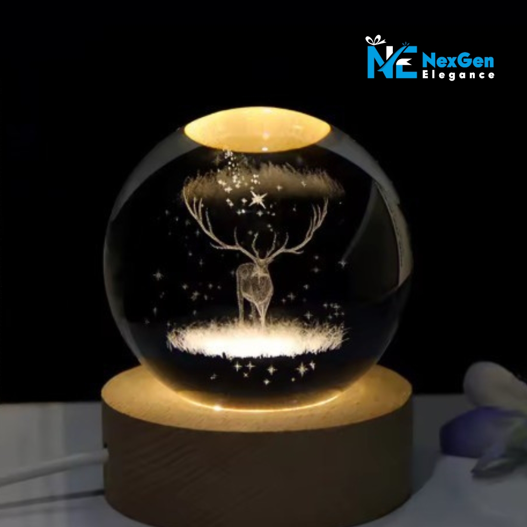 Luminous crystal ball with 3D deer design glowing warm light on wooden base, LED night light.