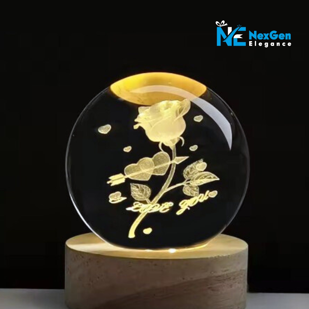 Luminous crystal ball with glowing rose and “love you” etched inside, warm LED night light.