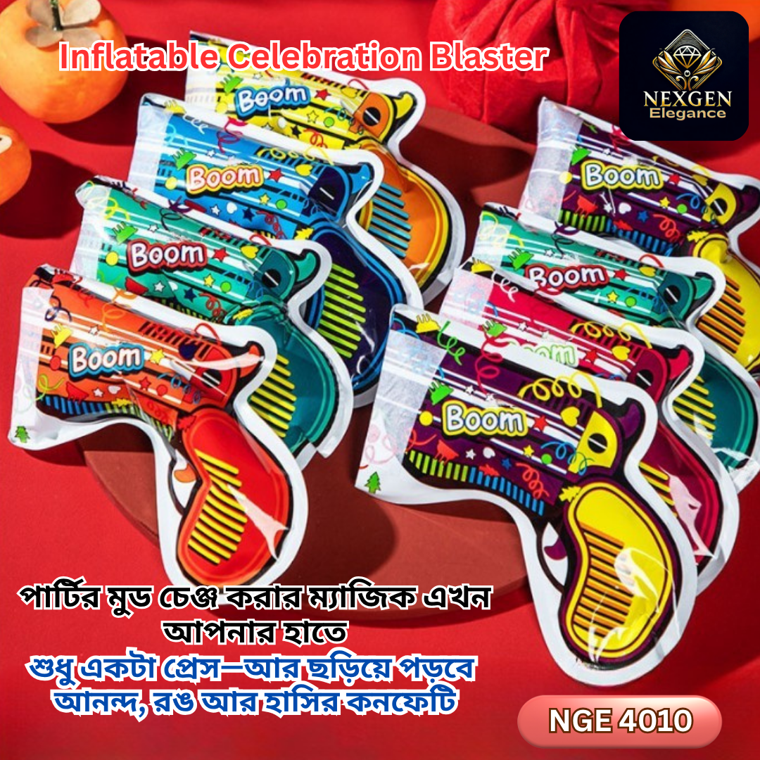 A collection of multiple Inflatable Celebration Blasters (NGE 4010) in various vibrant colors, laid out against a festive background. The text "Boom" is visible on each blaster, and "Nexgen Elegance" logo is in the top right.