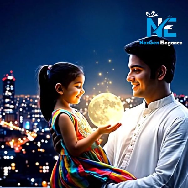 Father and daughter holding a glowing moon lamp with sparkling Dhaka city lights in the background, NexGen Elegance branding