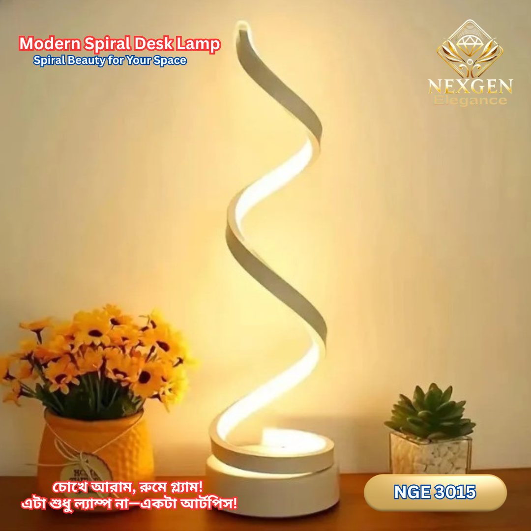 A modern white spiral LED desk lamp, model NGE 3015, illuminating a desk with a warm glow. A pot of yellow flowers and a small green plant are visible in the background. The lamp has a sleek, artistic design.