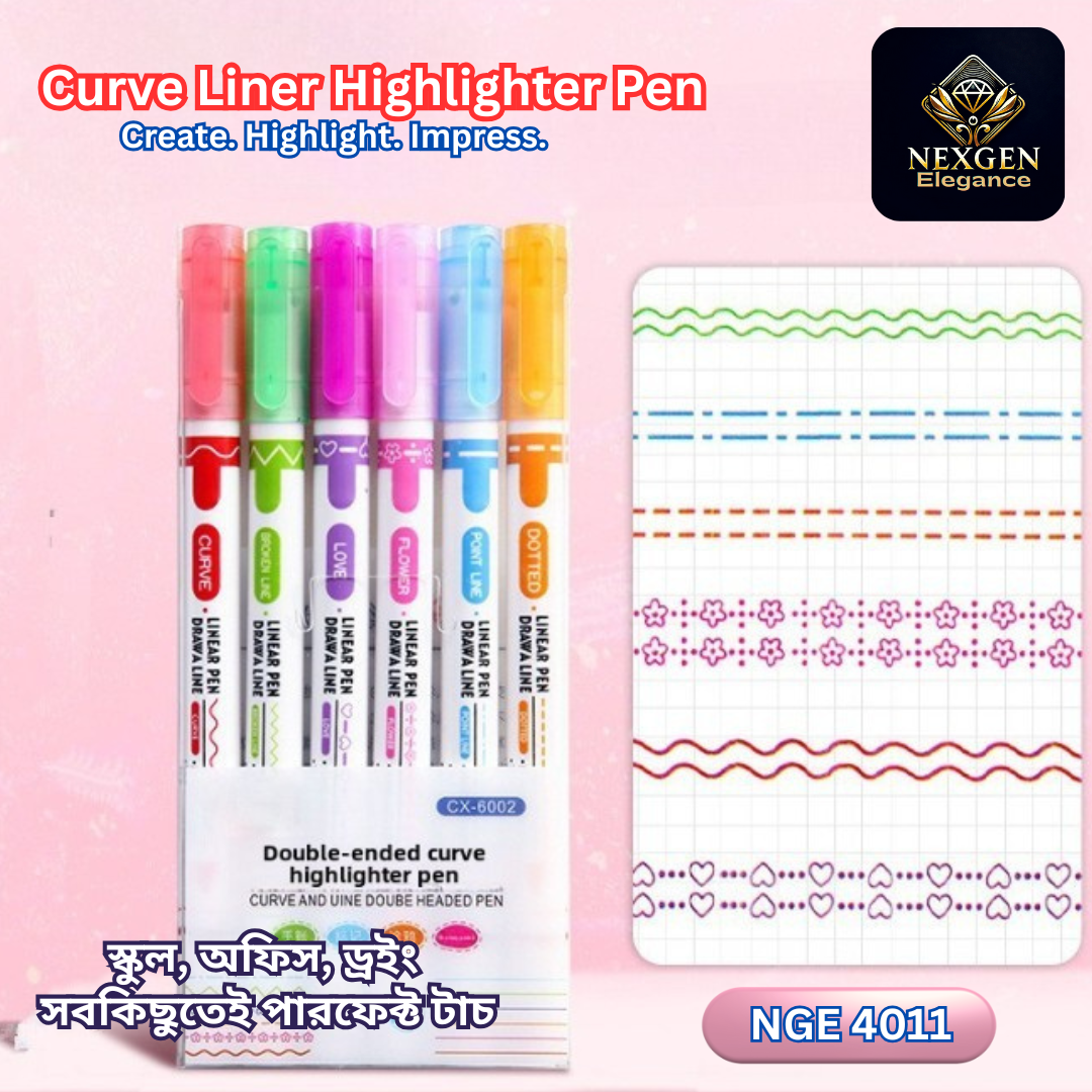 A set of six NexGen Elegance Curve Liner Highlighter Pens (red, green, pink, purple, blue, and orange) in their packaging, labeled "Double-ended curve highlighter pen." Next to the pens, a gridded paper displays various colorful, decorative lines drawn with the pens, including wavy, dotted, star, and heart patterns. The image's text encourages viewers to "Create. Highlight. Impress."