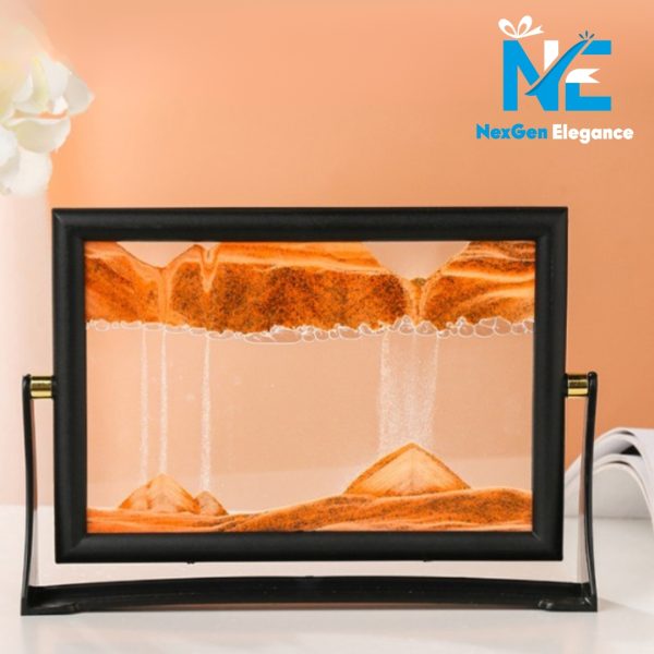 Orange sand motion display with black swivel frame, decorative sand painting for table or shelf décor