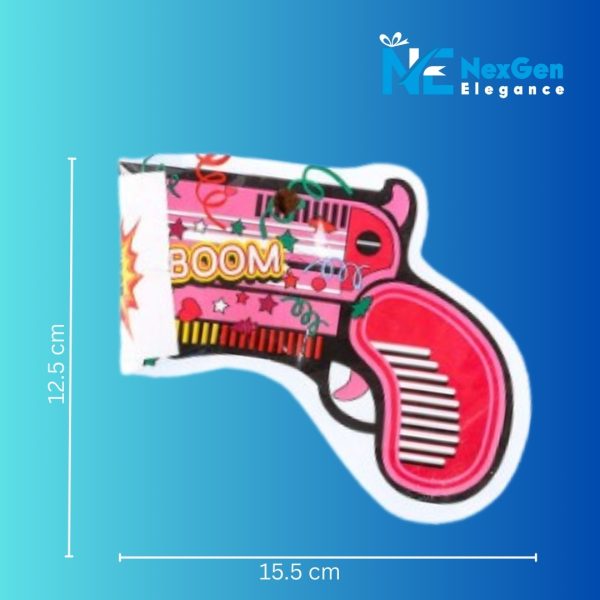 Single pink and red Party Popper Air Blaster with BOOM text, showing length 15.5 cm and width 12.5 cm, NexGen Elegance logo top right.