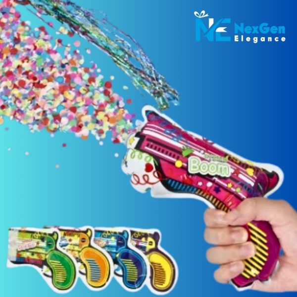 Brightly colored Party Popper Air Blaster shooting colorful confetti and streamers, with five different colored blasters displayed, NexGen Elegance logo top right.