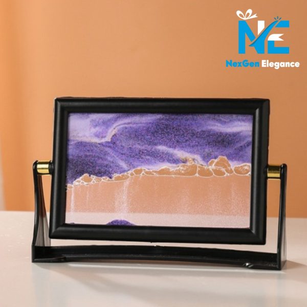 Purple sand motion display in black frame with dynamic rotating design, perfect for table or desk décor