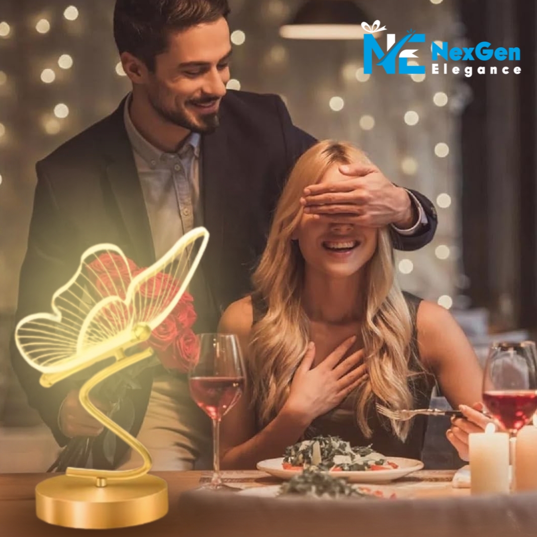 Nordic Elegant Butterfly Lamp illuminating a romantic dinner table, man covering woman’s eyes, soft golden light, NexGen Elegance logo top right