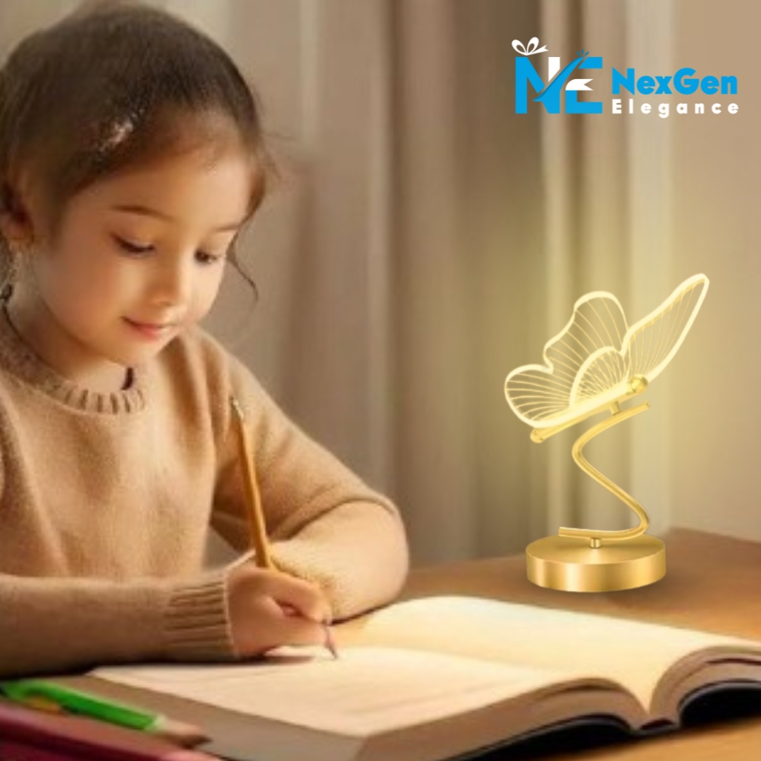 Nordic Elegant Butterfly Lamp on desk providing gentle light for young girl studying, NexGen Elegance logo top right