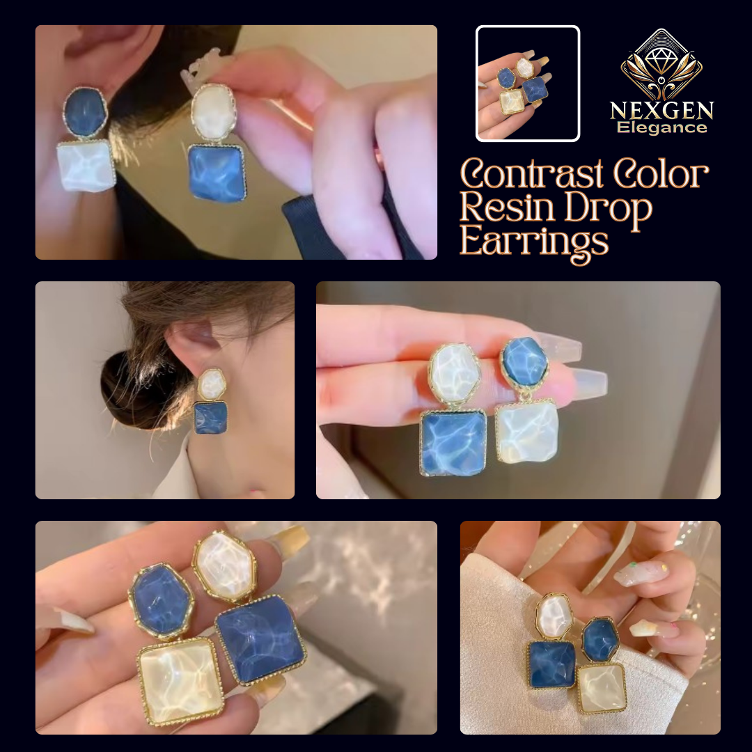 A collage of five images featuring contrast color resin drop earrings. The top left shows a hand holding one earring, the bottom left shows an earring being worn, and the other images are close-ups showcasing the blue and white resin designs of the earrings.