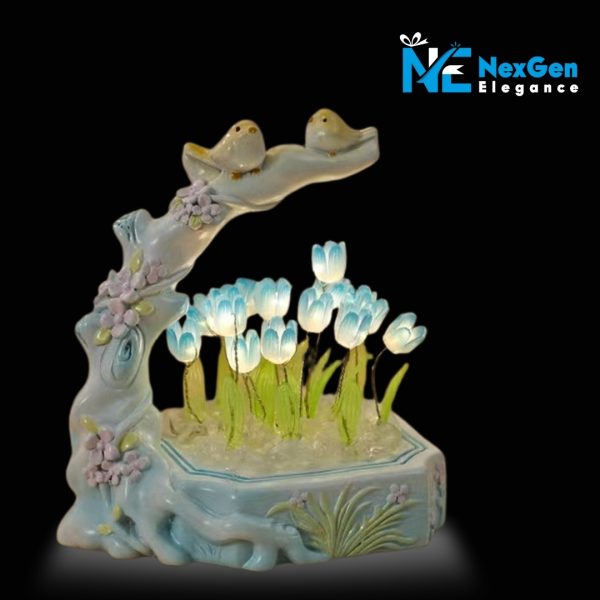 Ceramic & Resin night lamp with two yellow birds perched on a branch above glowing blue tulip flowers in a planter-style base, LED decorative light