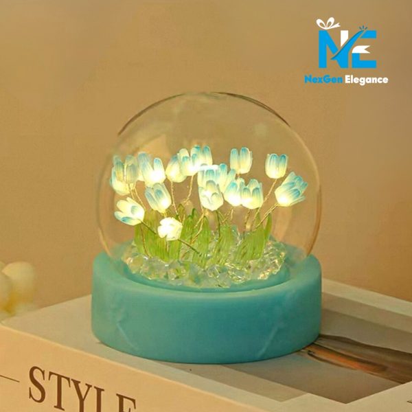 Blue tulip glow lamp with LED lights inside glass dome, decorative flower night lamp for bedrooms and gifts