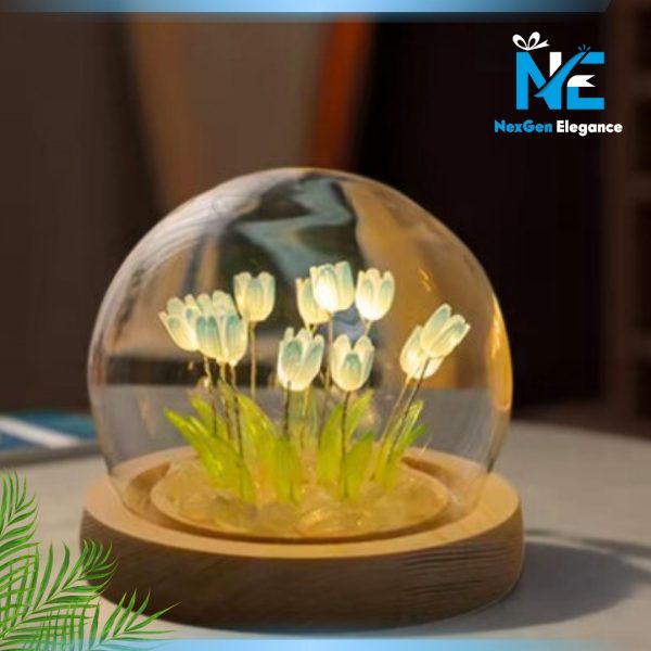 Blue tulip LED night light inside glass dome with wooden base – handcrafted flower lamp for home decoration and gifts.