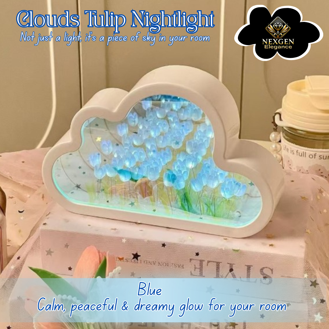 A white cloud-shaped nightlight displaying beautiful blue glowing tulips, resting on a stack of books, creating a calm and dreamy ambiance. Features the NexGen Elegance logo.